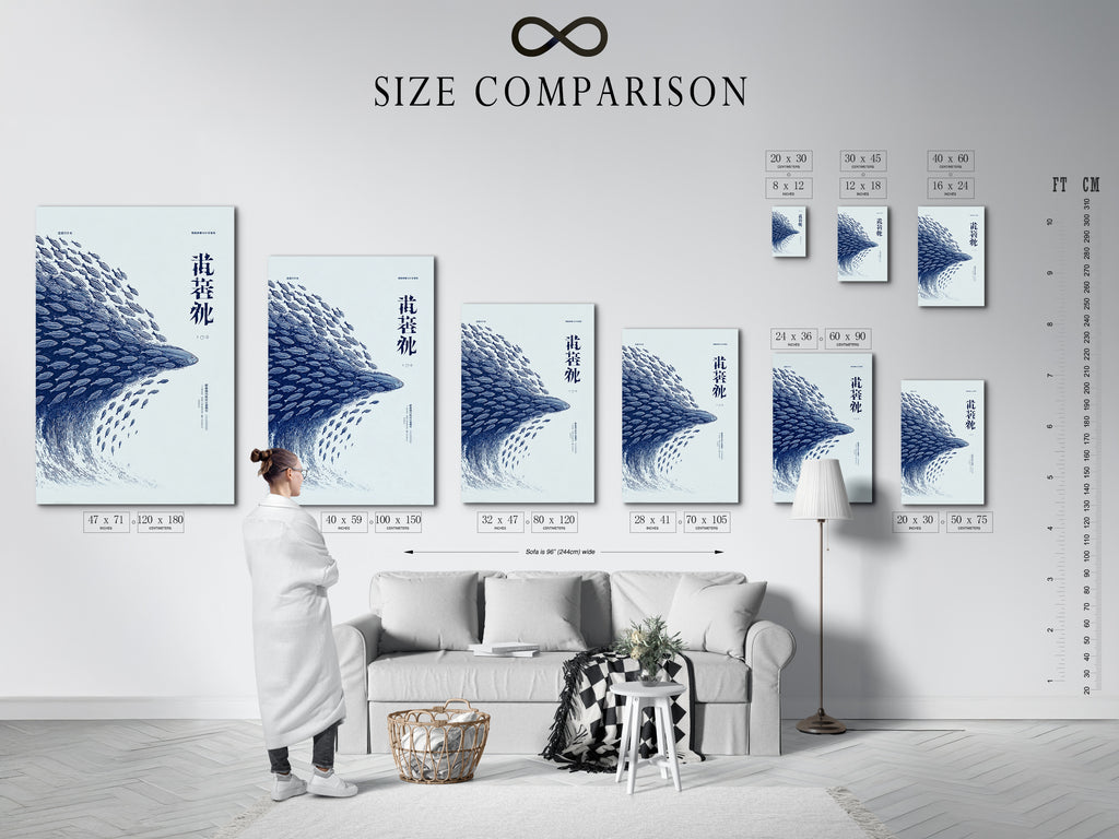 An interior setting features a size comparison chart for the fish school art. Visualize the perfect fit for your space with our available sizes. This artwork complements minimalist Scandinavian or nautical aesthetics. Find your ideal piece today.