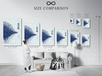 An interior setting features a size comparison chart for the fish school art. Visualize the perfect fit for your space with our available sizes. This artwork complements minimalist Scandinavian or nautical aesthetics. Find your ideal piece today.