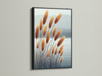 Pampas grass artwork is presented in a sleek black frame. The contrast enhances its minimalist artwork. This piece adds a touch of nature to modern spaces. It is suitable for bedroom wall decor or living room wall art.