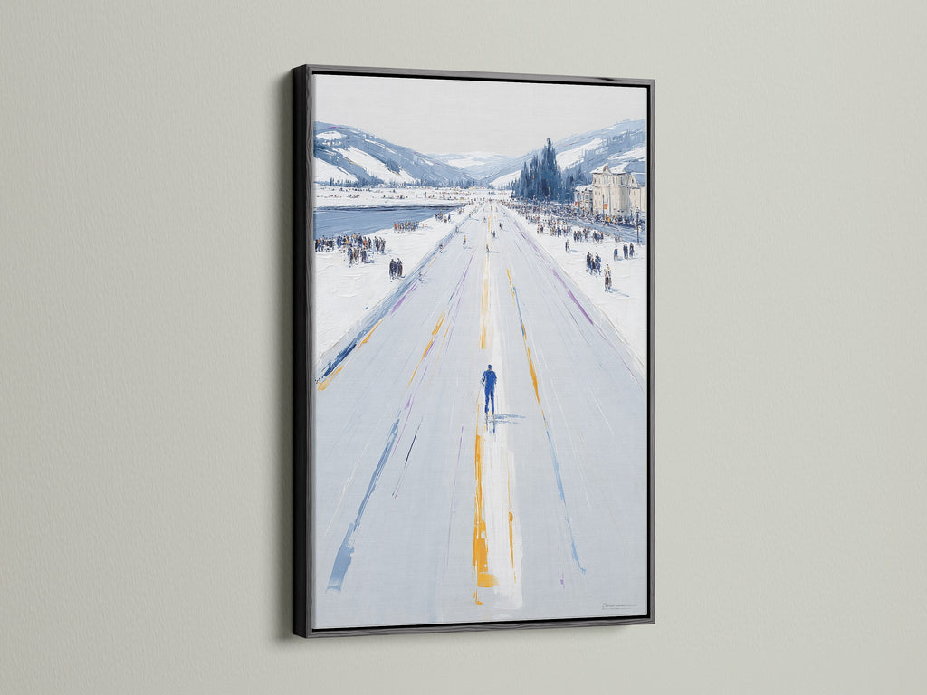 This image features the Winter Cityscape artwork in a sleek black frame. It is suitable for contemporary spaces. The snowy street print brings a touch of winter to your walls. A great choice for minimalist Scandinavian or industrial decor styles. Enhance your space today.