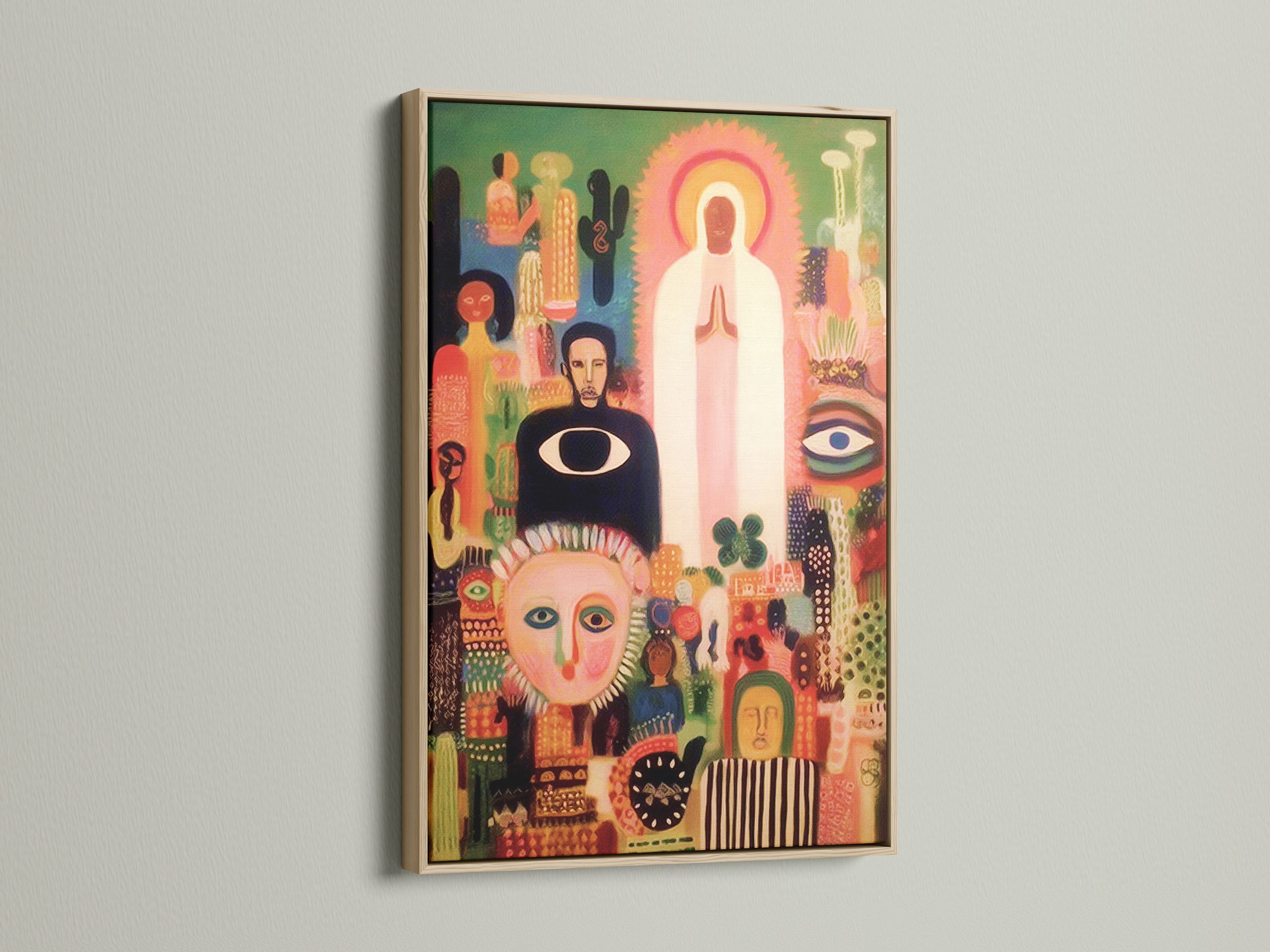 A vibrant folk art print displayed in an oak frame. This mystical wall art brings a spiritual touch to any room. The abstract faces art is colorful. It enhances meditation room decor. The oak frame complements the artwork beautifully.