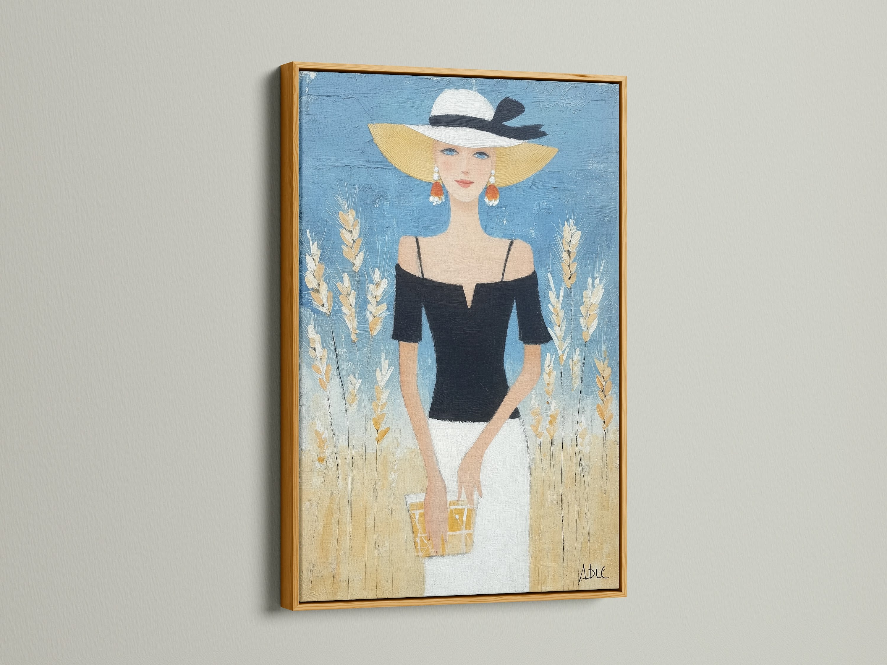 Elegant Woman Canvas Print framed in gold. Chic fashion wall art featuring a modern portrait artwork. Perfect for boutique decor and art deco styles. The gold frame adds luxury. This stylish print is a statement piece for refined spaces.