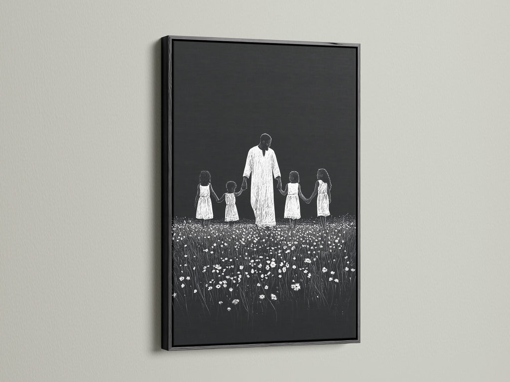 Artwork with a black frame. The art features a symbolic depiction. It shows a man holding hands with children in a field of flowers. The black frame adds a touch of sophistication. It offers a classic and bold presentation.