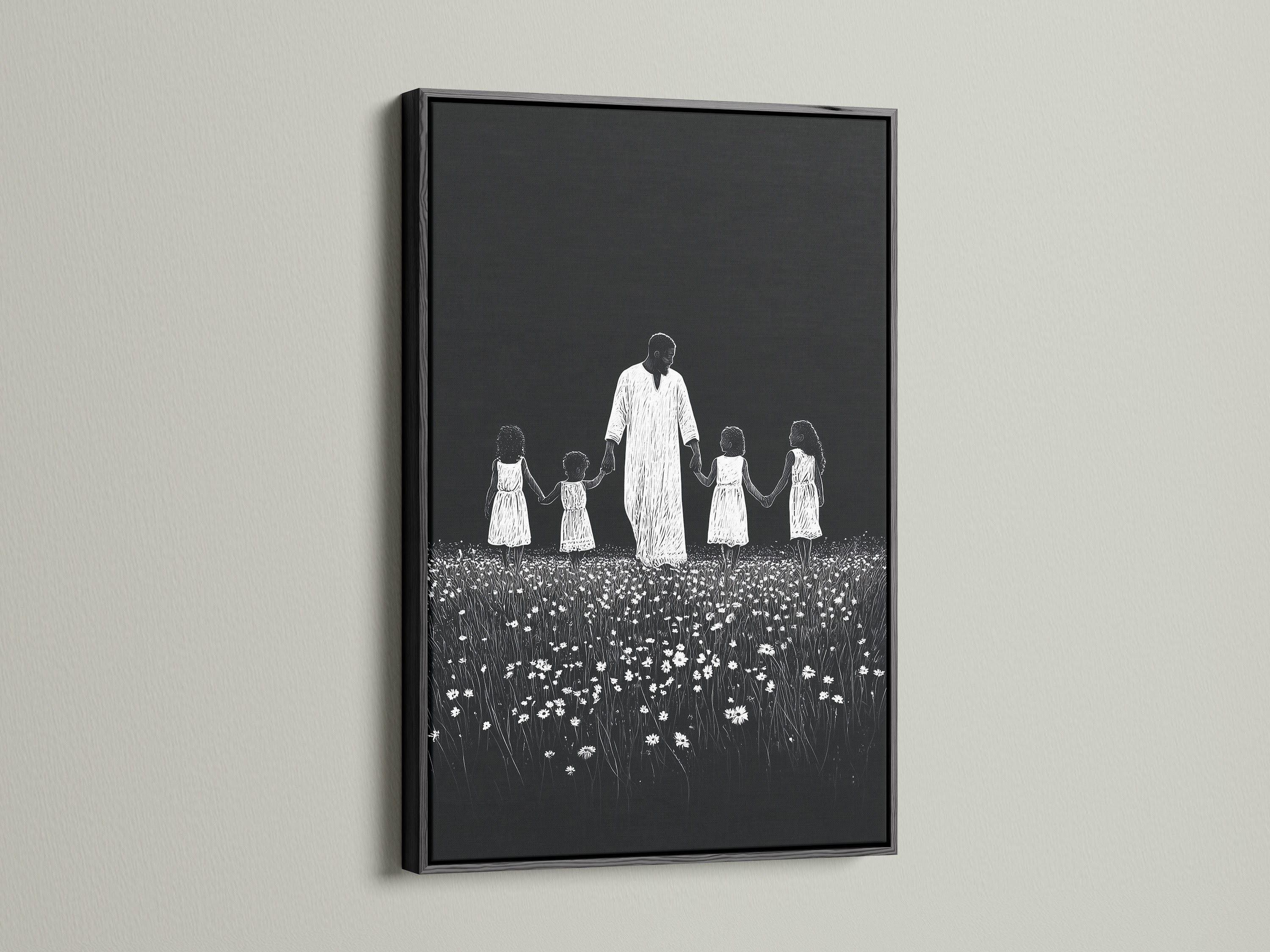 Artwork with a black frame. The art features a symbolic depiction. It shows a man holding hands with children in a field of flowers. The black frame adds a touch of sophistication. It offers a classic and bold presentation.