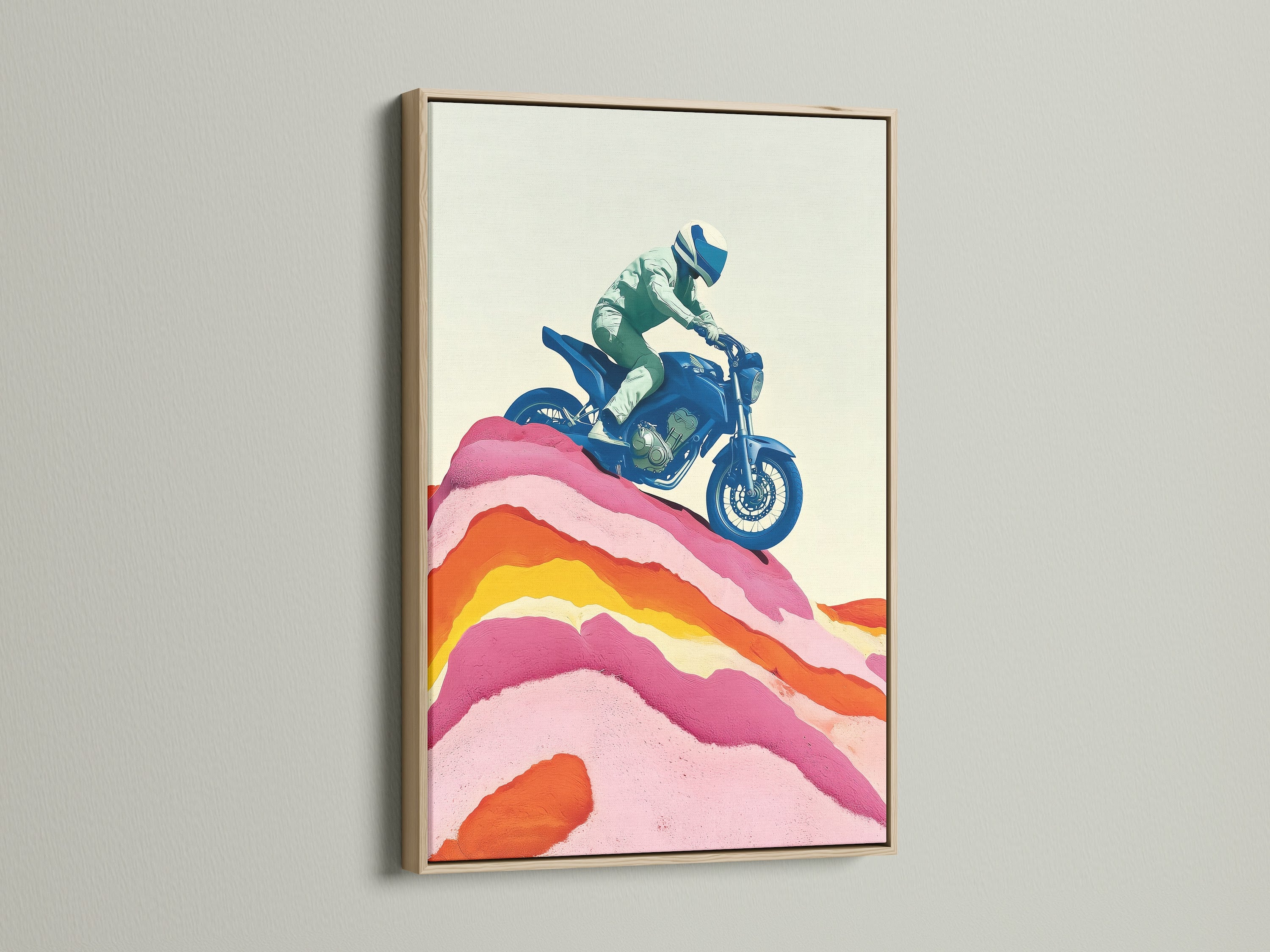 Motorcycle art print framed in oak. Perfect vintage motorbike canvas for garage decor. The artwork features a blue motorcycle and pink accents. Ideal as a biker gift or retro bike print for motorcycle enthusiasts.