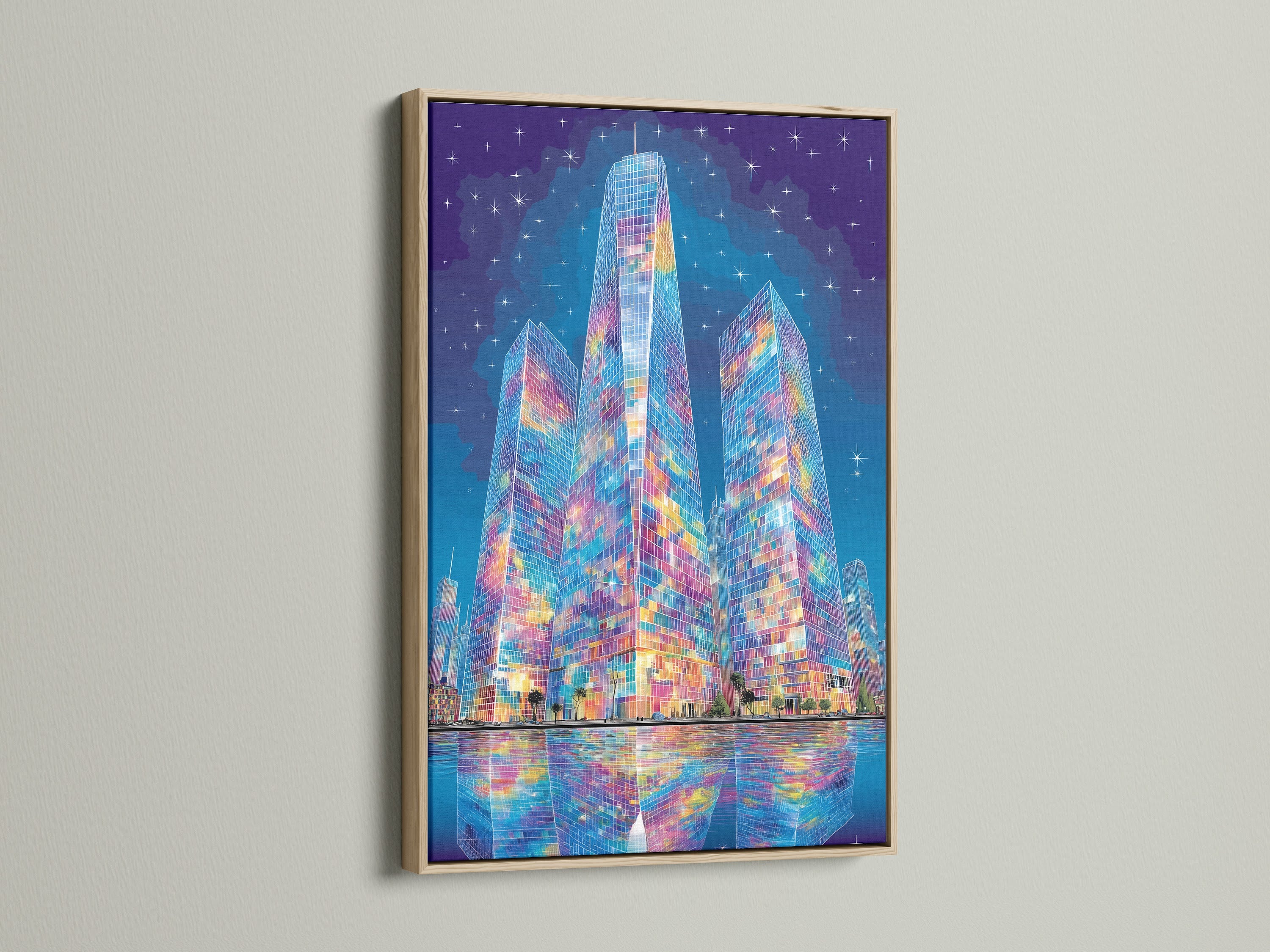 A vibrant city skyline artwork is framed in oak. The colorful cityscape wall art is a modern masterpiece. The oak frame enhances the urban scene. Perfect contemporary art for your living room bedroom or office wall decor.