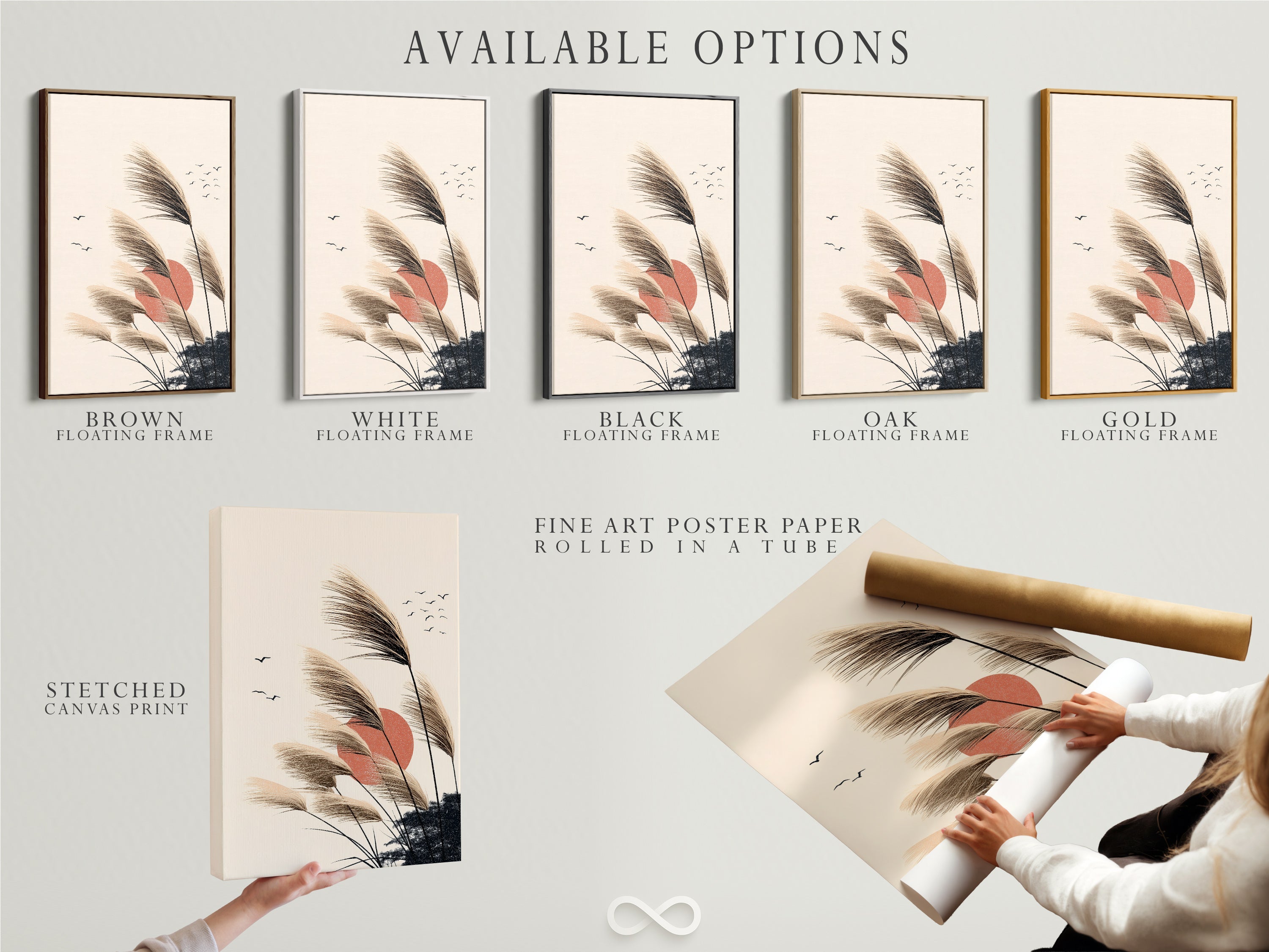 Available options for pampas grass artwork. Including stretched canvas prints fine art poster paper and floating frames. Choose the perfect format to match your style and decor. This minimalist print is ideal for bedroom wall decor. The boho wall art and sunset canvas options provide versatility.