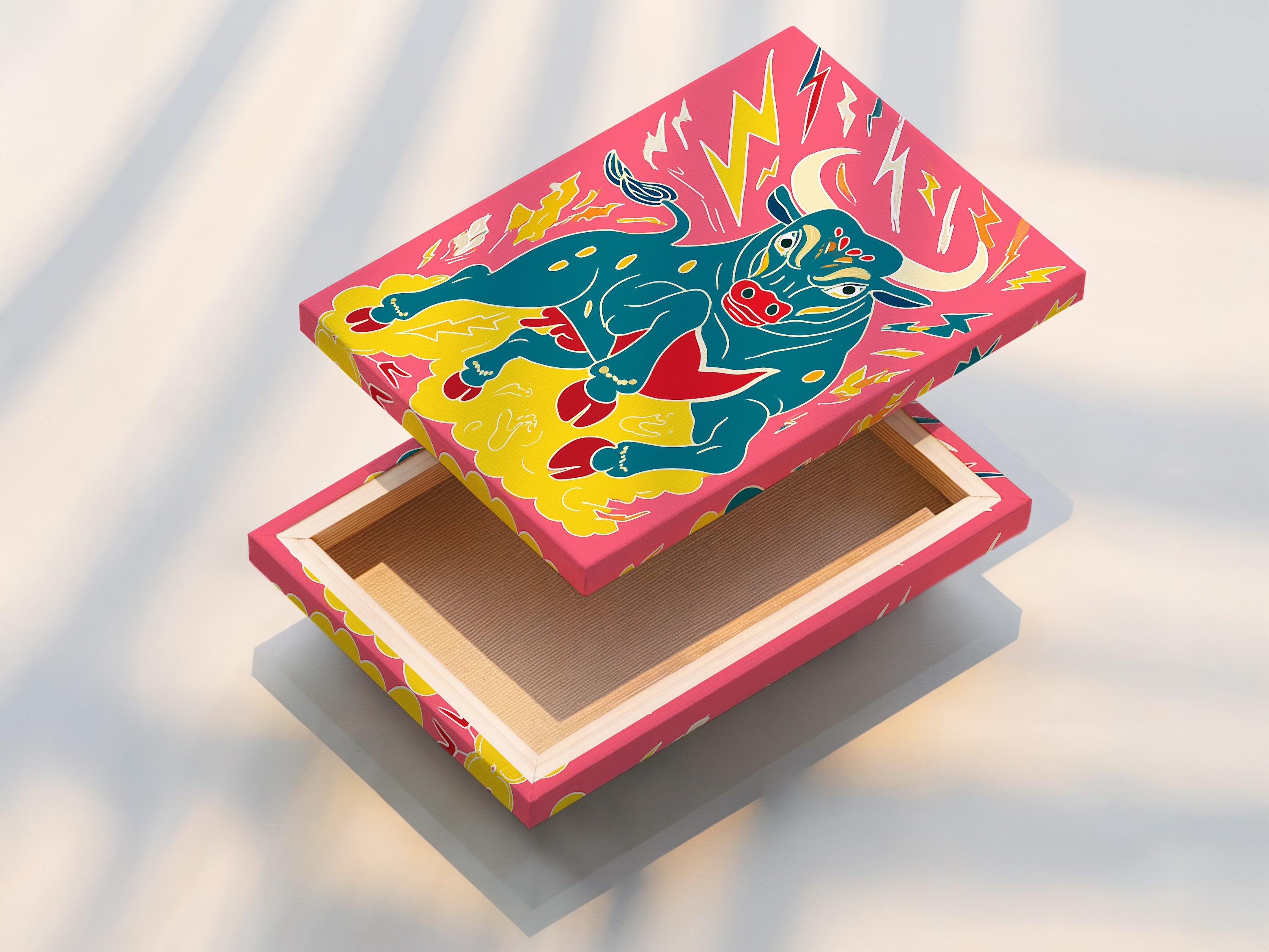 A stretched canvas print featuring bull artwork. This colorful animal canvas is a pop art print. It's ready to hang and enjoy. The stretched canvas enhances the artwork. It's perfect for bold wall art in any space.