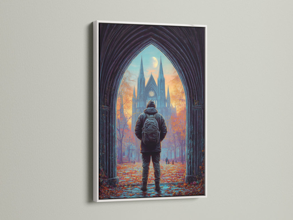 See the beauty of a white frame. This cathedral print is elegantly displayed. The white frame offers a clean modern look. It complements the moody autumn landscape. Perfect for architecture art enthusiasts. Enhance your study room with gothic wall art.