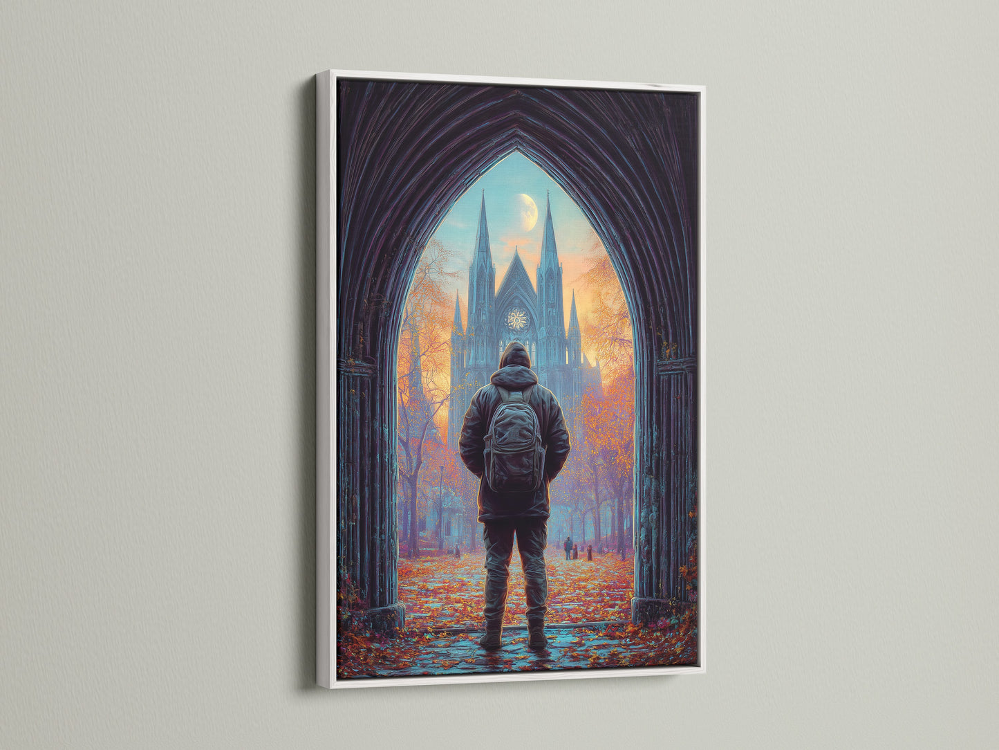 See the beauty of a white frame. This cathedral print is elegantly displayed. The white frame offers a clean modern look. It complements the moody autumn landscape. Perfect for architecture art enthusiasts. Enhance your study room with gothic wall art.