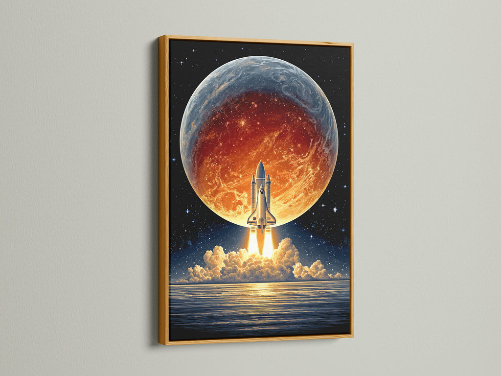 This image features a space shuttle artwork framed in gold. The planet Earth and rocket ship print create a luxurious feel. This astronomy art piece adds a touch of elegance. Perfect for enhancing your living room art or office space decor with cosmic charm.