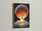 This image features a space shuttle artwork framed in gold. The planet Earth and rocket ship print create a luxurious feel. This astronomy art piece adds a touch of elegance. Perfect for enhancing your living room art or office space decor with cosmic charm.