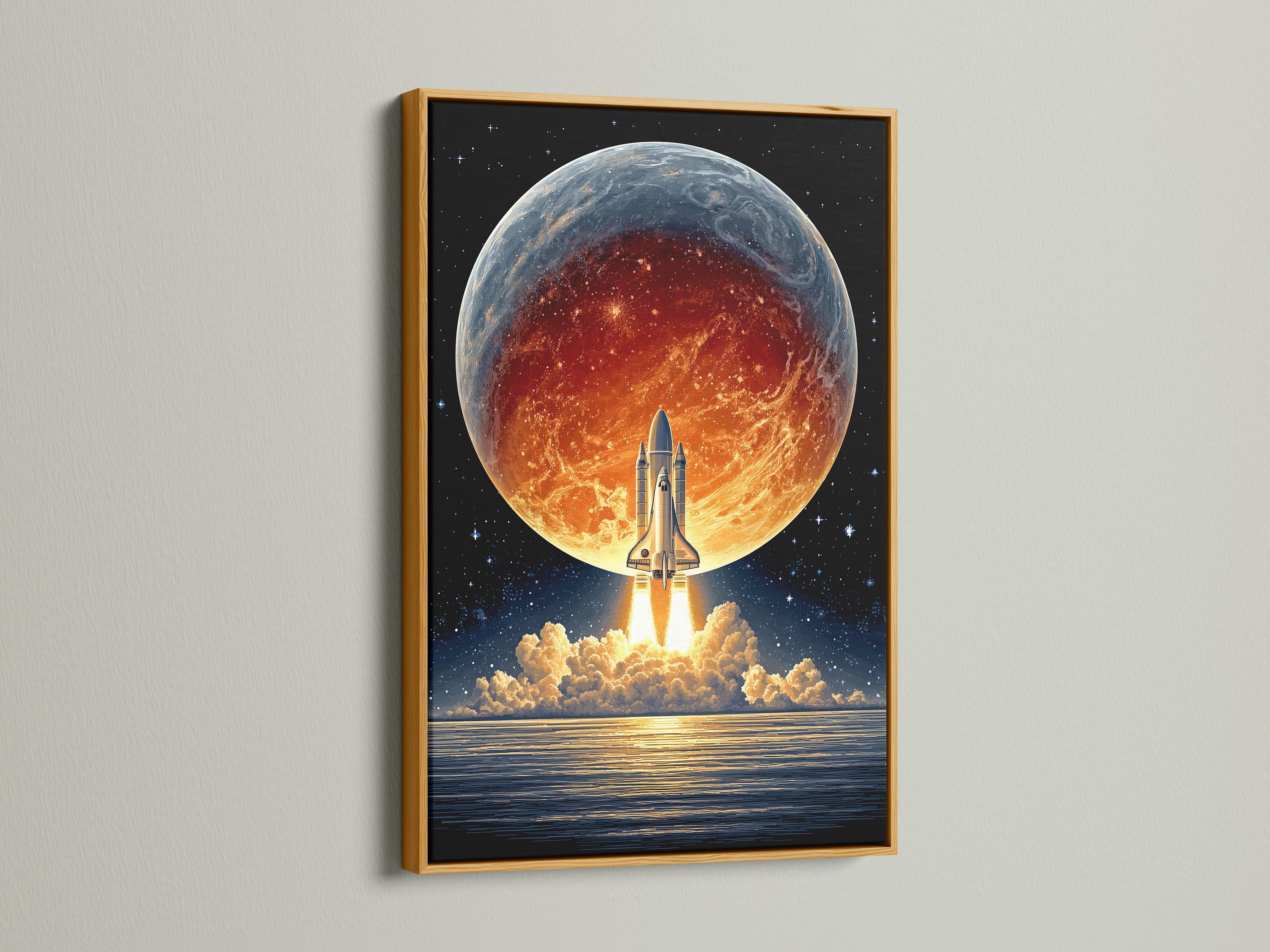 This image features a space shuttle artwork framed in gold. The planet Earth and rocket ship print create a luxurious feel. This astronomy art piece adds a touch of elegance. Perfect for enhancing your living room art or office space decor with cosmic charm.