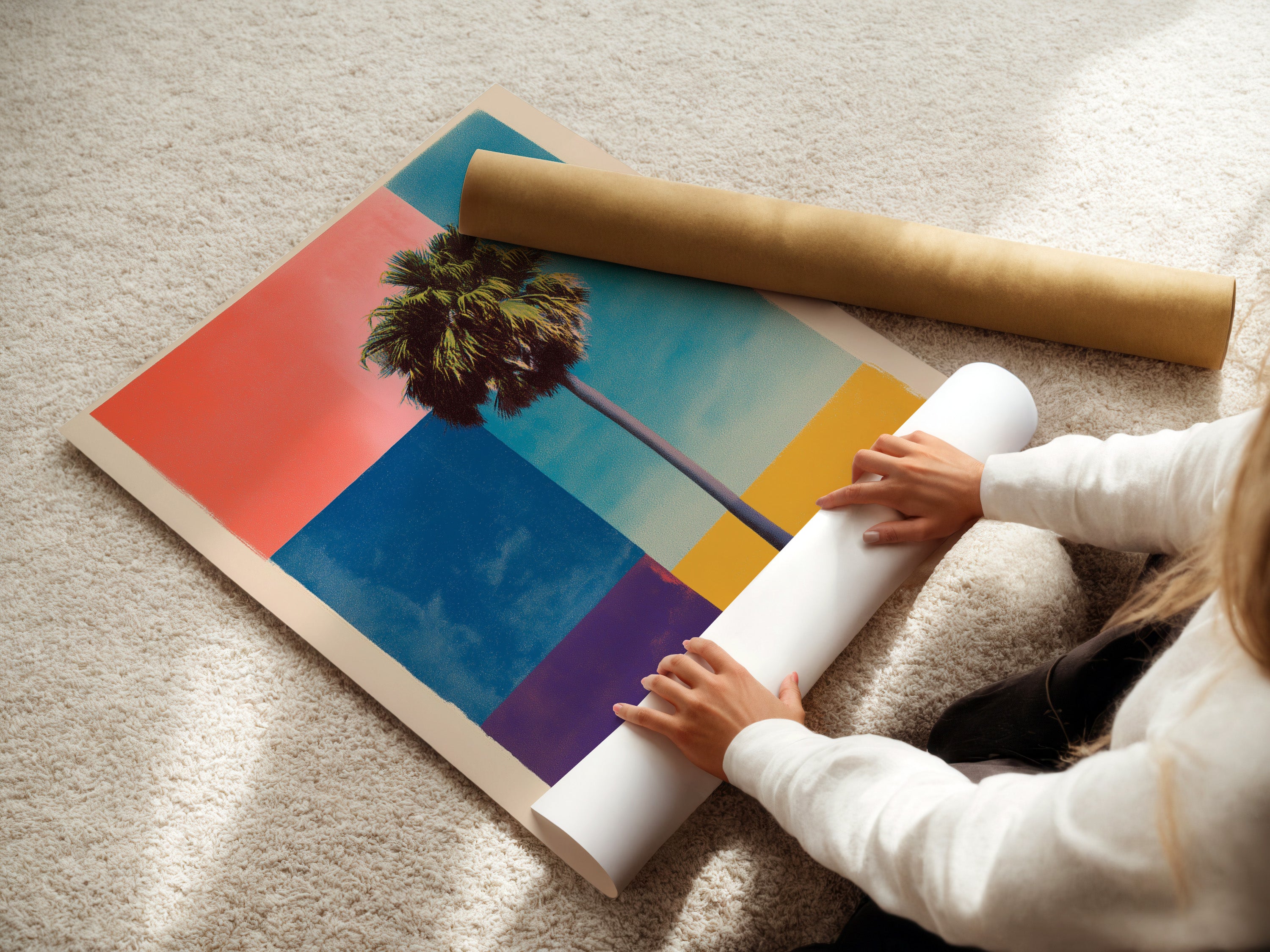 A woman carefully rolling a fine art poster paper. The poster is handled with care to prevent damage. High-quality art paper ensures vibrant colors and longevity. Preserve your artwork with proper handling. Explore fine art poster options.