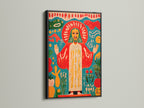 Spiritual wall decor in a black frame. This Mexican folk art canvas is a great option. The religious canvas is a vibrant folk print. This sacred heart artwork is great for spiritual seekers. Enhance any room with this.