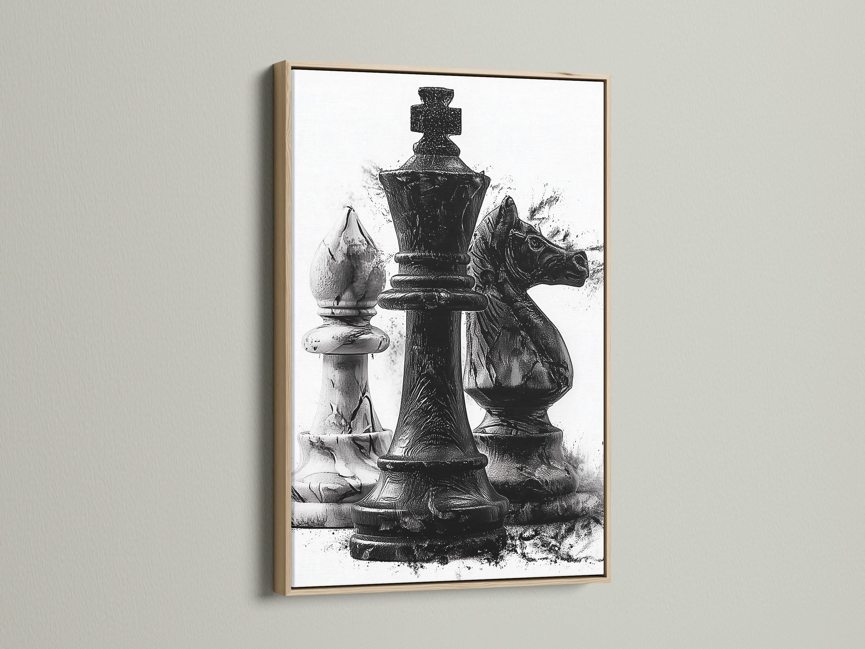 Oak frame artwork showcasing chess pieces hangs on a wall. The light enhances the art's texture. It's a perfect piece for a game room or office. The artwork adds a stylish touch to any space. Enhance your decor with this beautiful artwork.