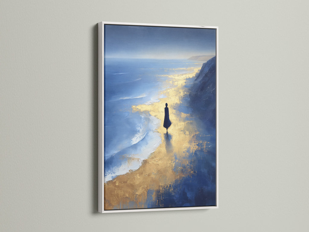 This Ocean Reflection artwork is presented in a white frame. The contrast highlights the blue gold abstract elements. Ideal coastal wall art for a serene bedroom decor. Imagine this ocean canvas print enhancing your home. Explore this seaside artwork today.