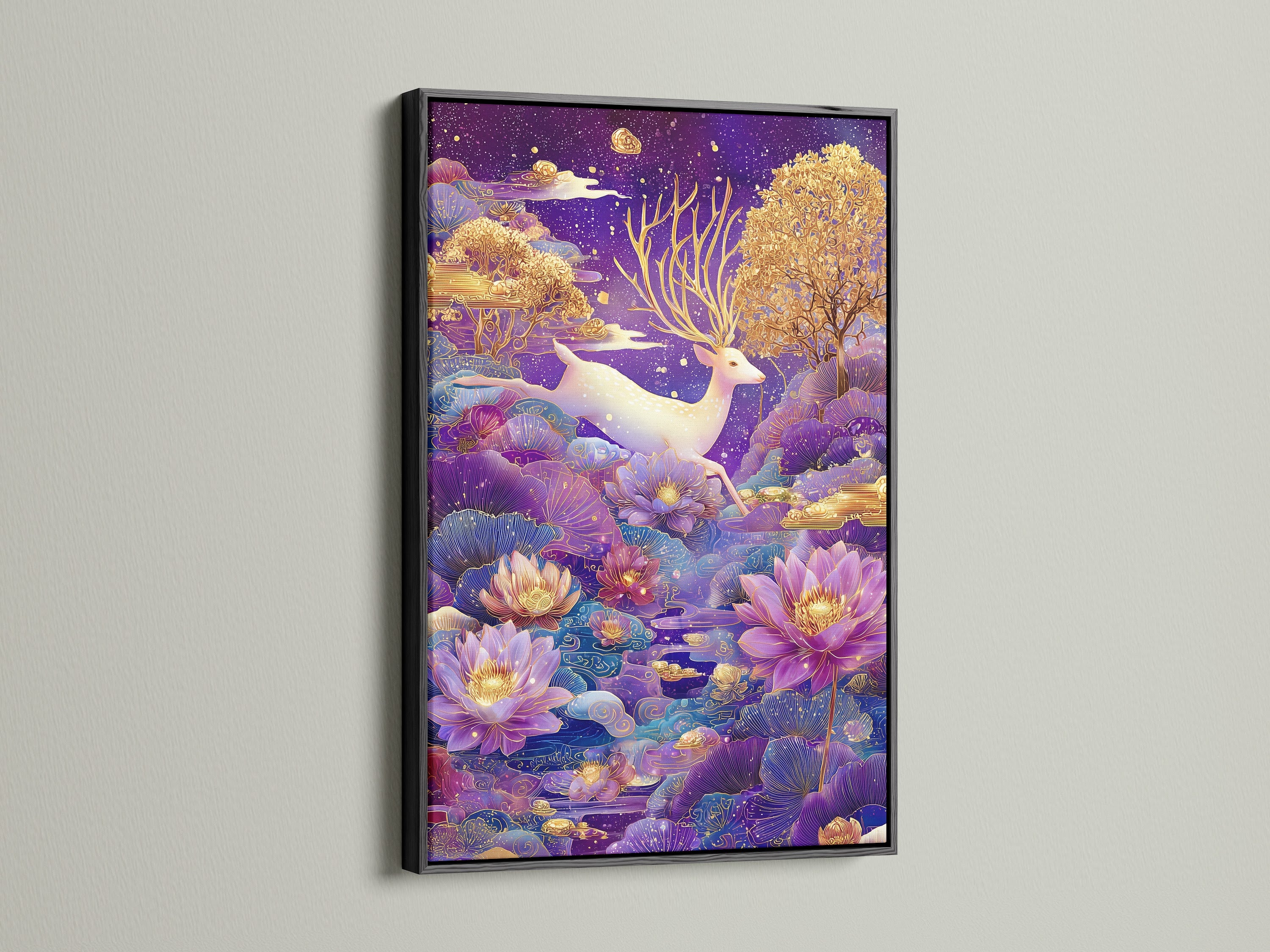 Observe the Mystical Deer artwork in a black frame. The bold black frame creates a striking contrast. It makes the purple and gold pop. Suitable for various interior styles. Transform your living room or bedroom.