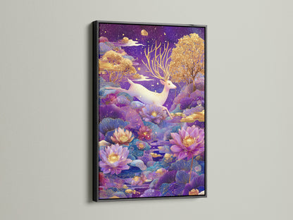 Observe the Mystical Deer artwork in a black frame. The bold black frame creates a striking contrast. It makes the purple and gold pop. Suitable for various interior styles. Transform your living room or bedroom.