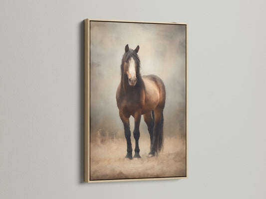 A brown horse artwork is displayed in an oak frame. The frame is hanging on a white wall. This frame provides a natural look. It is a great option for your artwork