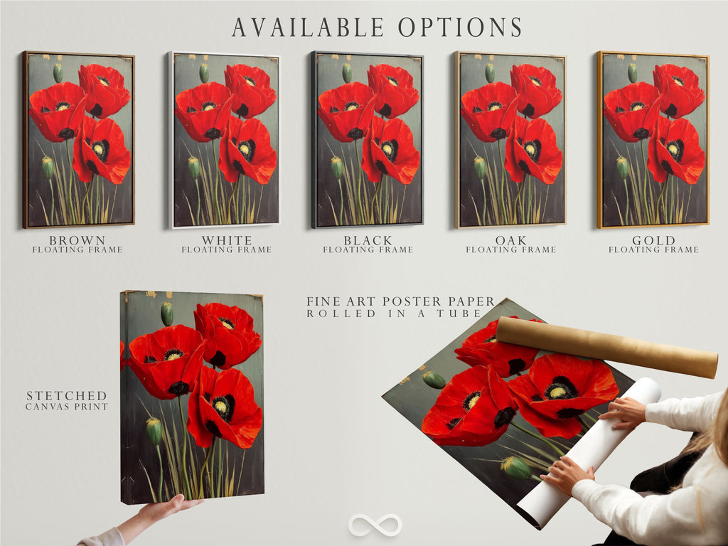 Explore available options for the red poppy floral artwork. Choose from a stretched canvas print fine art poster paper or a floating frame. Find the perfect format to showcase this vintage flower photography. Transform your space today.
