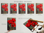 Explore available options for the red poppy floral artwork. Choose from a stretched canvas print fine art poster paper or a floating frame. Find the perfect format to showcase this vintage flower photography. Transform your space today.