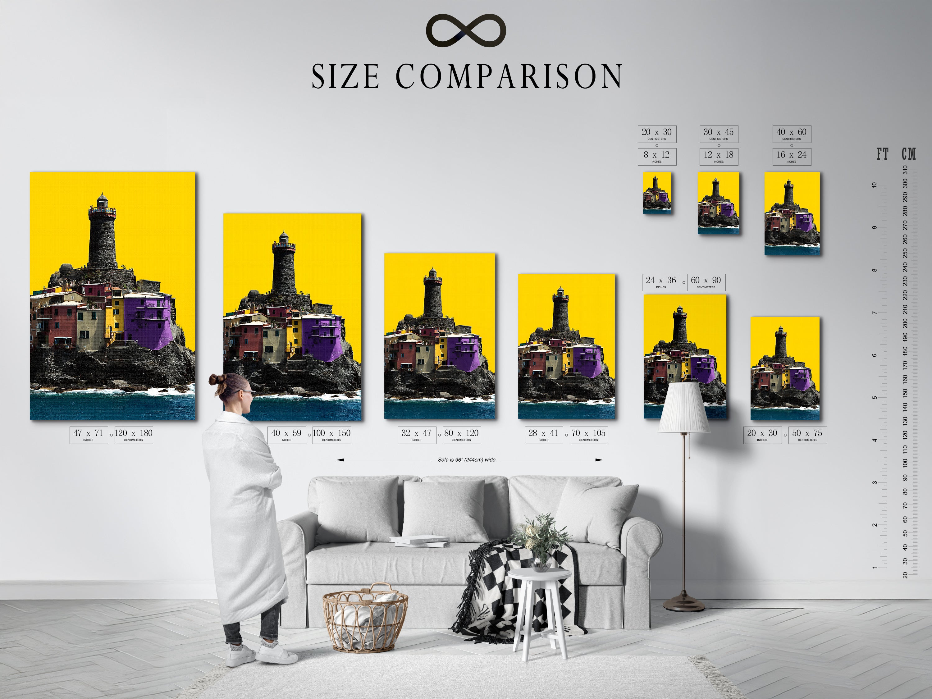 A size comparison chart of the Coastal Lighthouse artwork. The chart shows how the artwork looks in different sizes. It helps visualize the artwork in your space. Choose the perfect size for your living room wall art.
