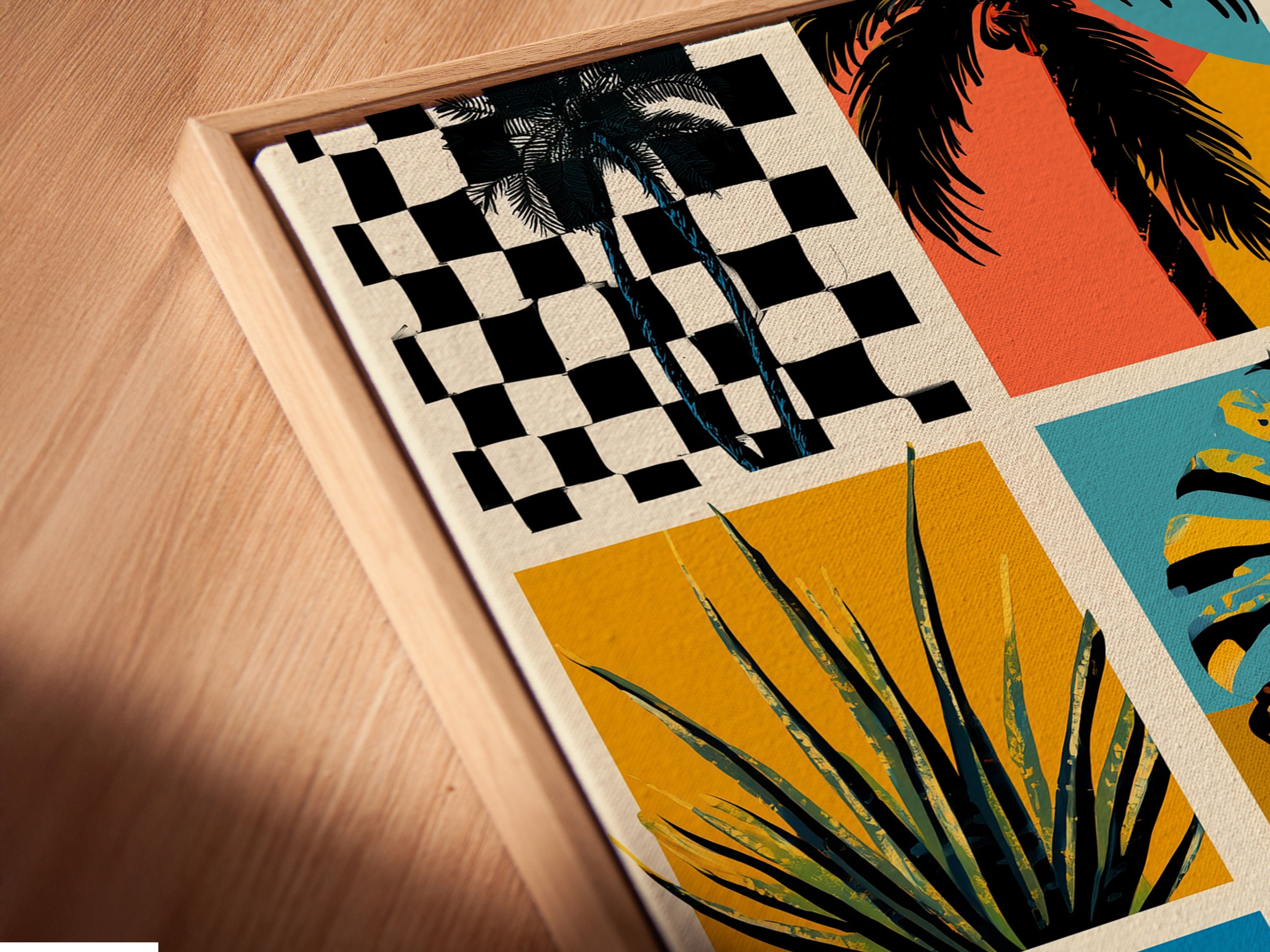 Angled close up of a canvas print in floating frame. The artwork features intricate details and vibrant colors. The floating frame adds depth and sophistication. A perfect addition to any art collection. The canvas print enhances the texture and richness of the piece.