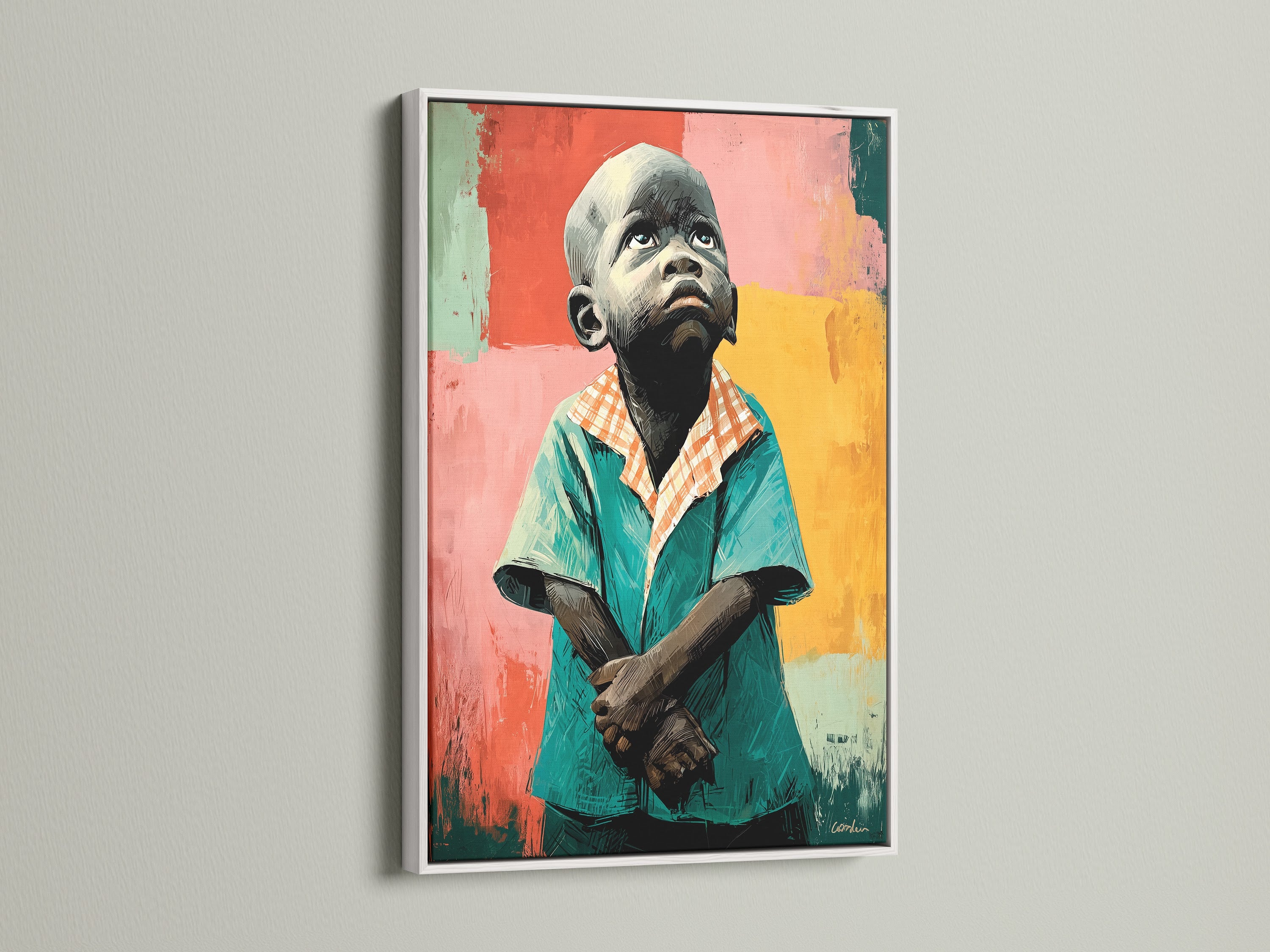 This image displays the Thoughtful Boy artwork in a white frame. The white frame provides a clean modern look. It complements the teal wall art. This emotional artwork is perfect for a bright study room. See how a white frame enhances the expressive print.