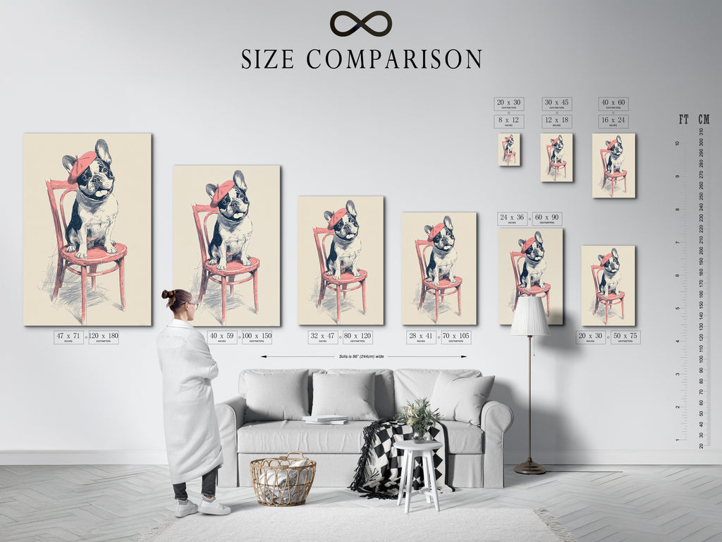 Size comparison chart displayed in an interior setting. Illustrates the different sizes available for the artwork. Helps customers visualize the art in their space. Provides a clear understanding of scale and proportion. Perfect for informed decision making.