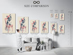 Size comparison chart displayed in an interior setting. Illustrates the different sizes available for the artwork. Helps customers visualize the art in their space. Provides a clear understanding of scale and proportion. Perfect for informed decision making.