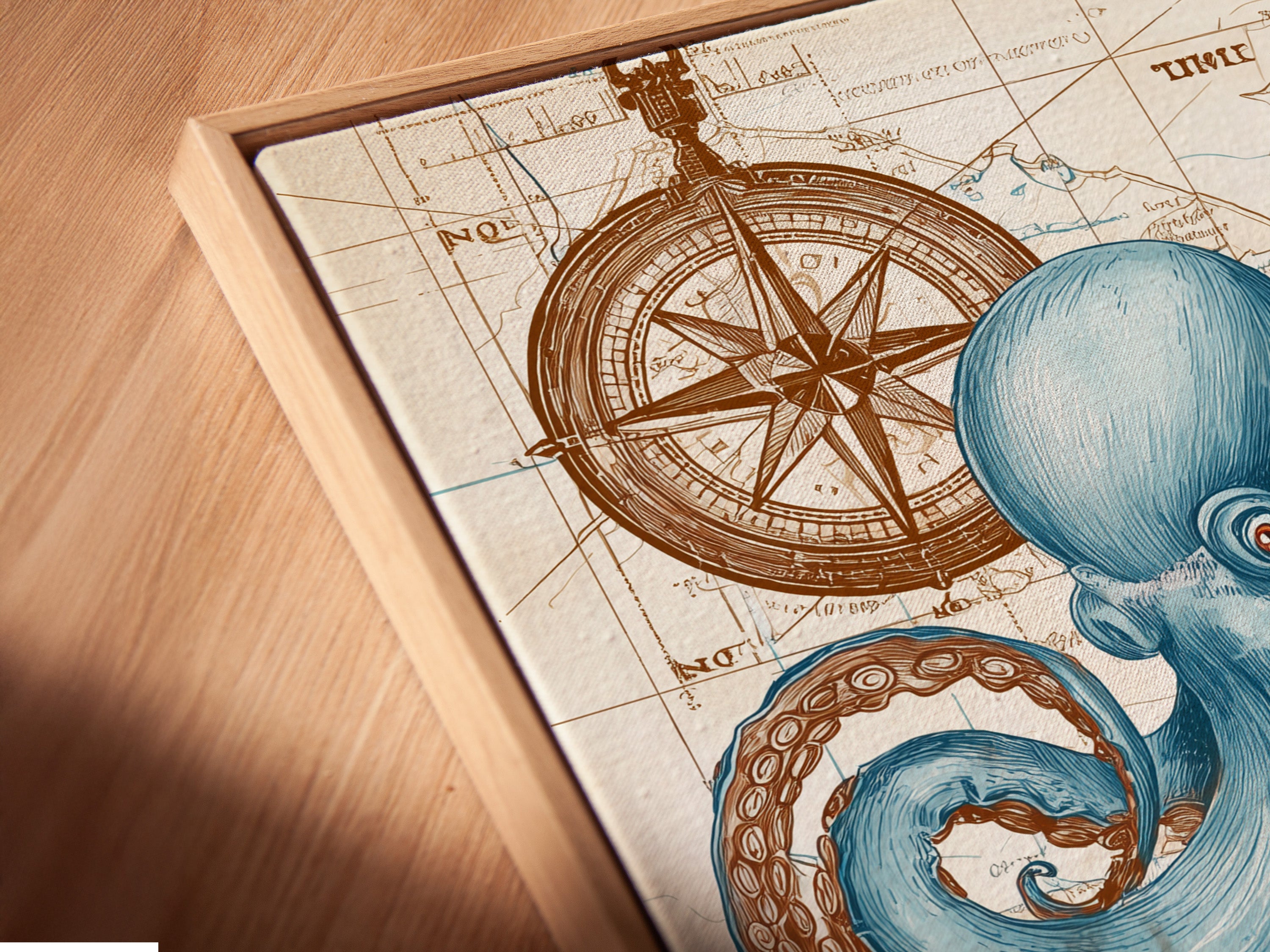 A close-up angled view reveals a canvas print in a floating frame. The detailed blue octopus art is set against a nautical map background. The floating frame enhances the artwork's depth and visual appeal. This piece adds a contemporary touch to any space. Perfect for modern art lovers and interior decor enthusiasts