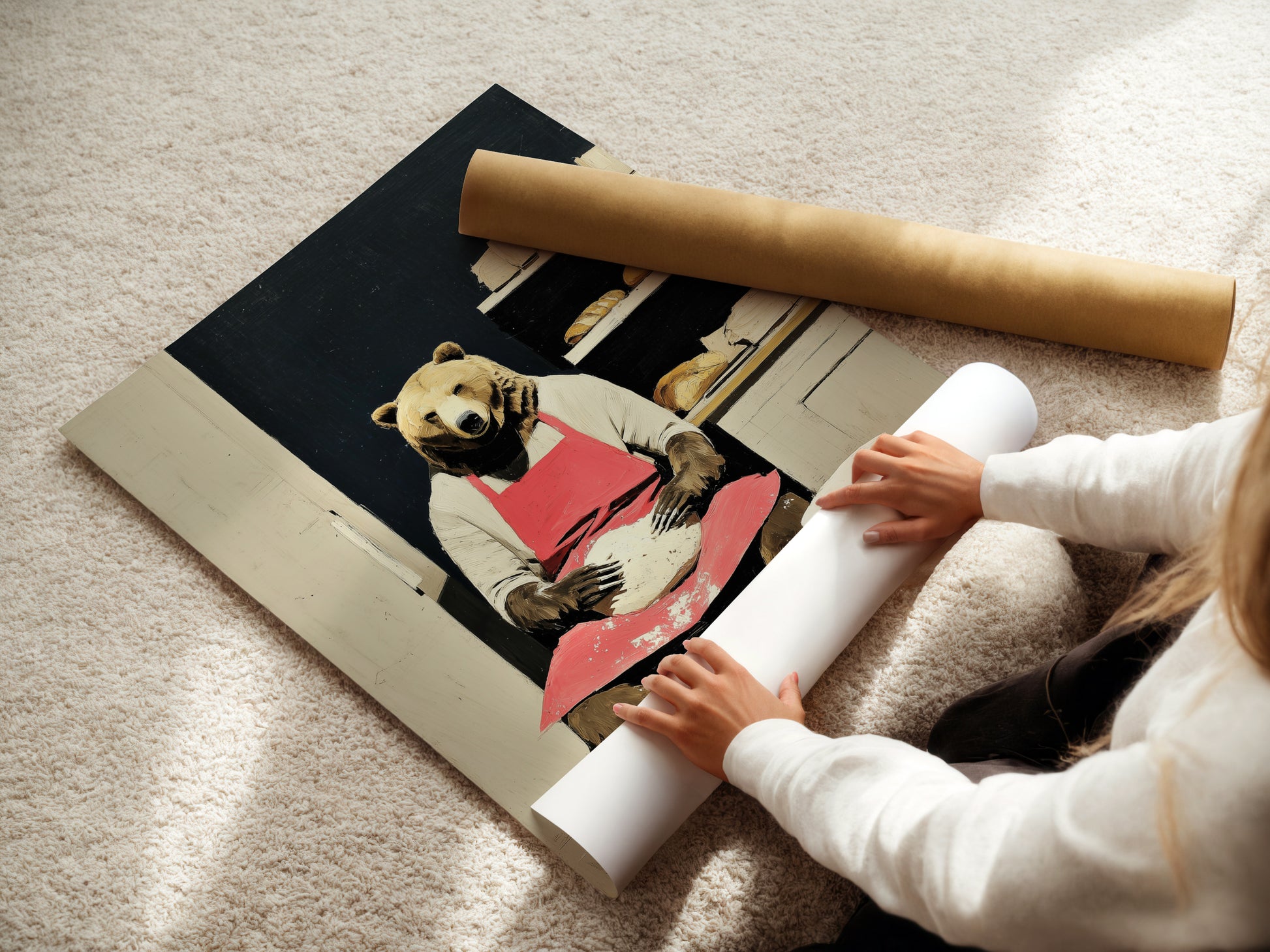 A woman carefully rolls a fine art poster paper of the bear baker art. The fine art paper enhances the artwork's details and colors. This whimsical piece is perfect for kitchens and cafes. It adds a touch of charm to any space.
