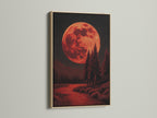 A stunning blood moon print is showcased in an oak frame. The gothic wall art brings celestial beauty to your space. Perfect for adding a touch of dark academia to your home decor. Enhance your room now.