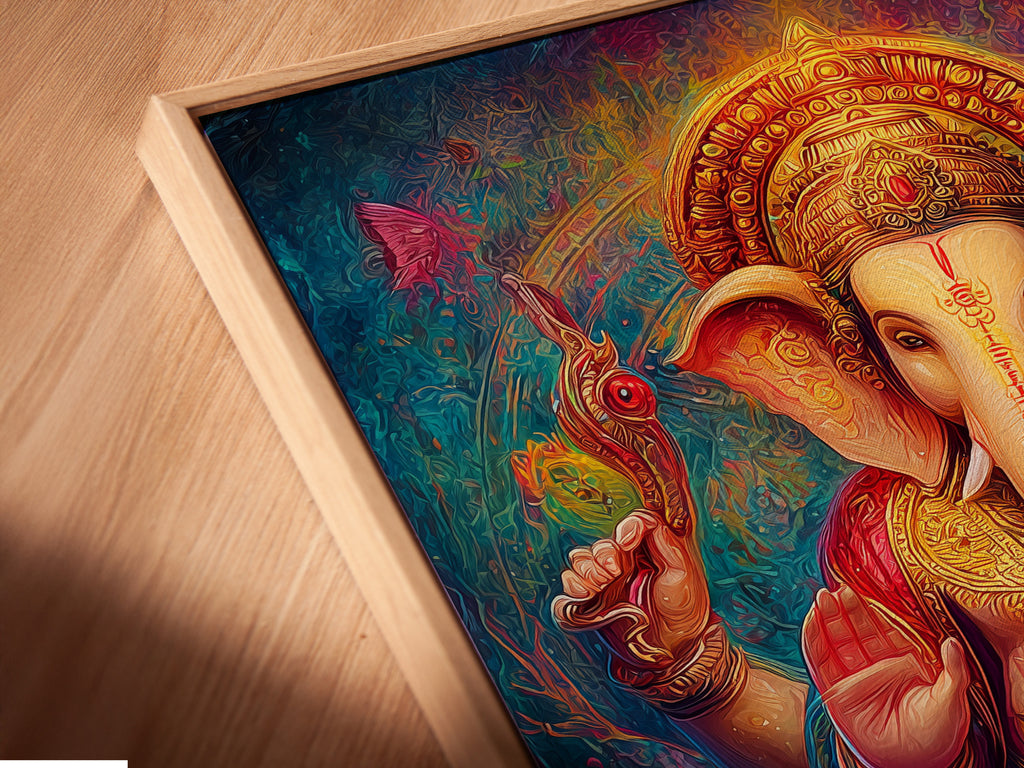 Angled close up of a Ganesha canvas print in a floating frame. The Hindu God wall art enhances spiritual decor. It is ideal bohemian artwork for a meditation room. The colorful sacred art features an elephant god print. It adds a unique touch.