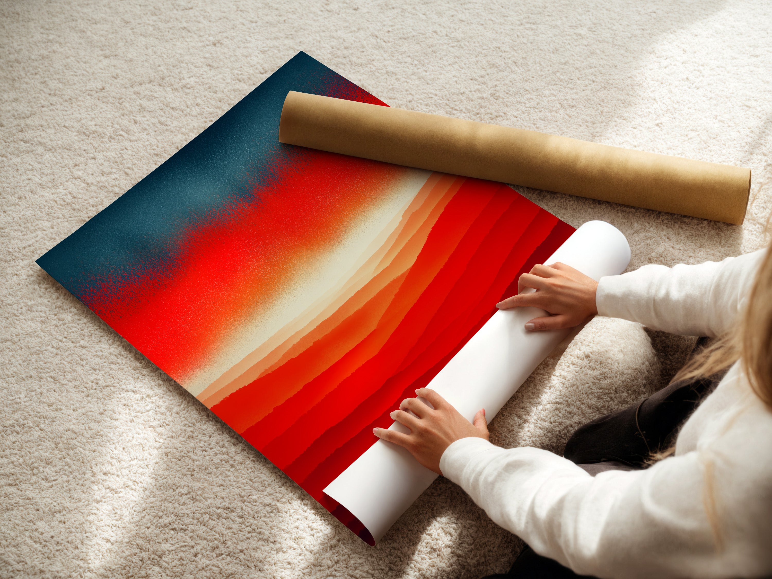 A woman is shown rolling a fine art poster paper. The paper will feature the abstract sunset artwork. Red orange colors blend in a mountain landscape. Create modern wall art for your space.