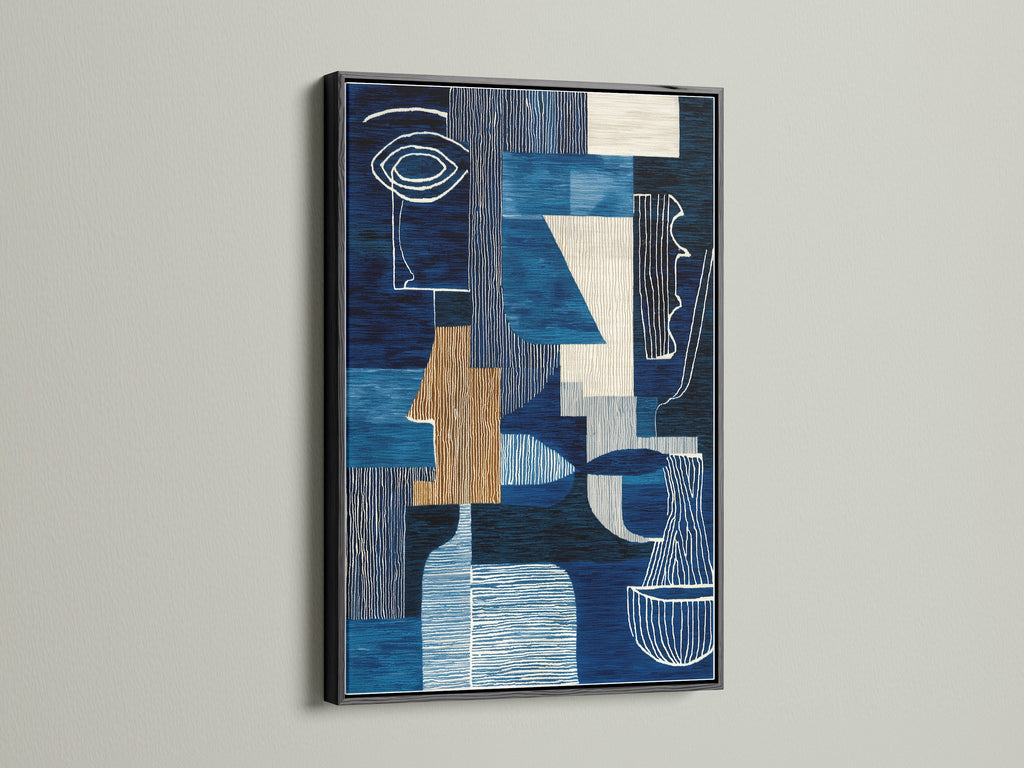 Make a bold statement with our abstract blue artwork framed in sleek black. The geometric navy and white artwork offers a modern touch to your walls. It is perfect for adding sophistication to contemporary and minimalist styled spaces. Order yours today!
