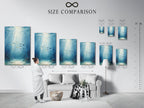 A size comparison chart displayed in an interior setting. See how different sizes of underwater artwork fit in your space. Choose the perfect ocean canvas print for your sea life wall decor needs.