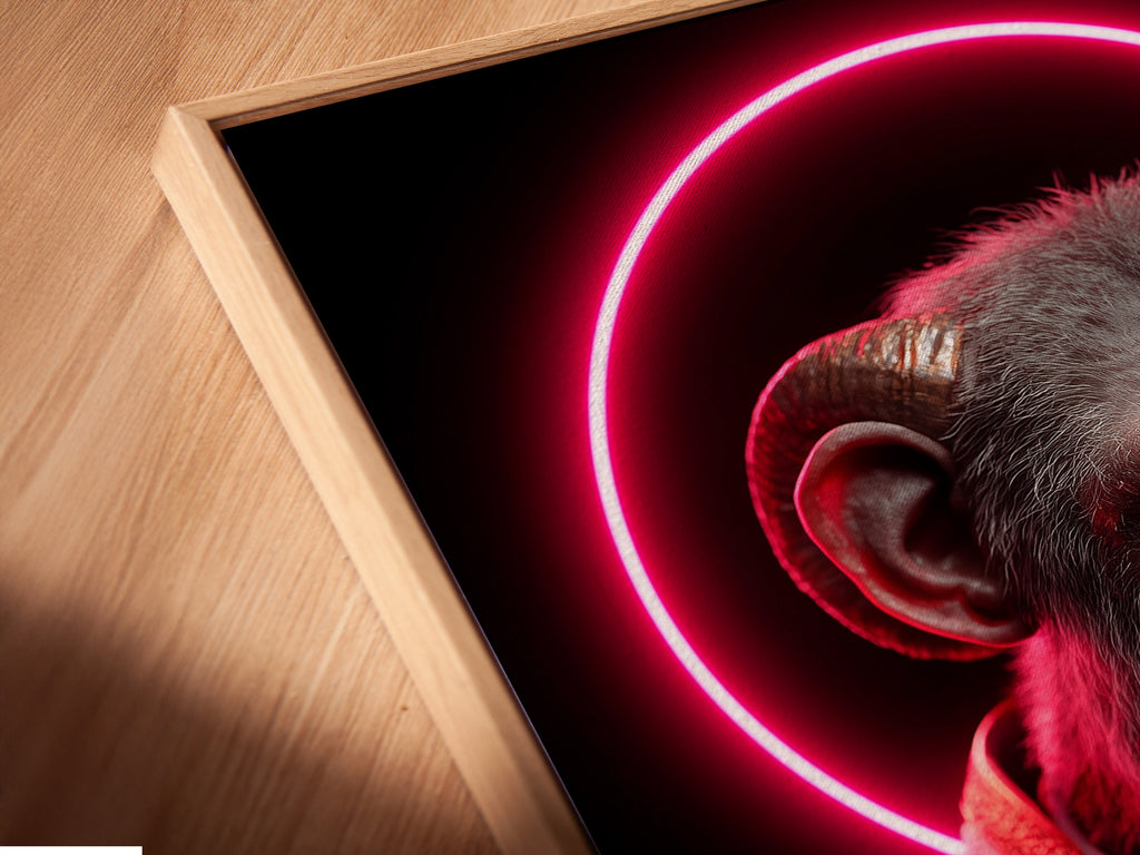 A close-up angled view shows a canvas print in a floating frame. The artwork features a pope monkey with a neon halo. The floating frame adds depth to the religious art print. This offers a contemporary look for any modern wall decor setting.