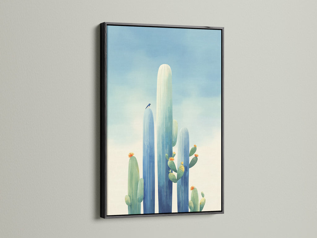 Cactus canvas print in a black frame. The desert wall art is perfect for modern interiors. Southwestern decor meets contemporary style. The arid landscape adds a unique touch. A striking plant art print for housewarming gifts.