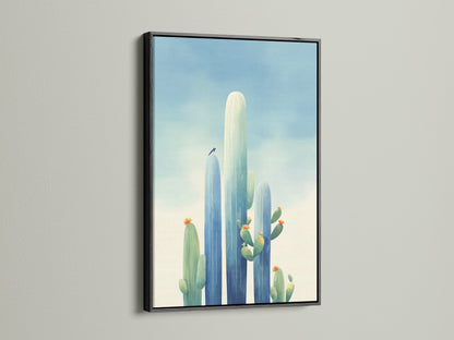 This cactus canvas print features a black frame. The desert wall art provides a modern touch to your living room. It's ideal southwestern art to enhance your home's aesthetic. The black frame ensures a sleek look.