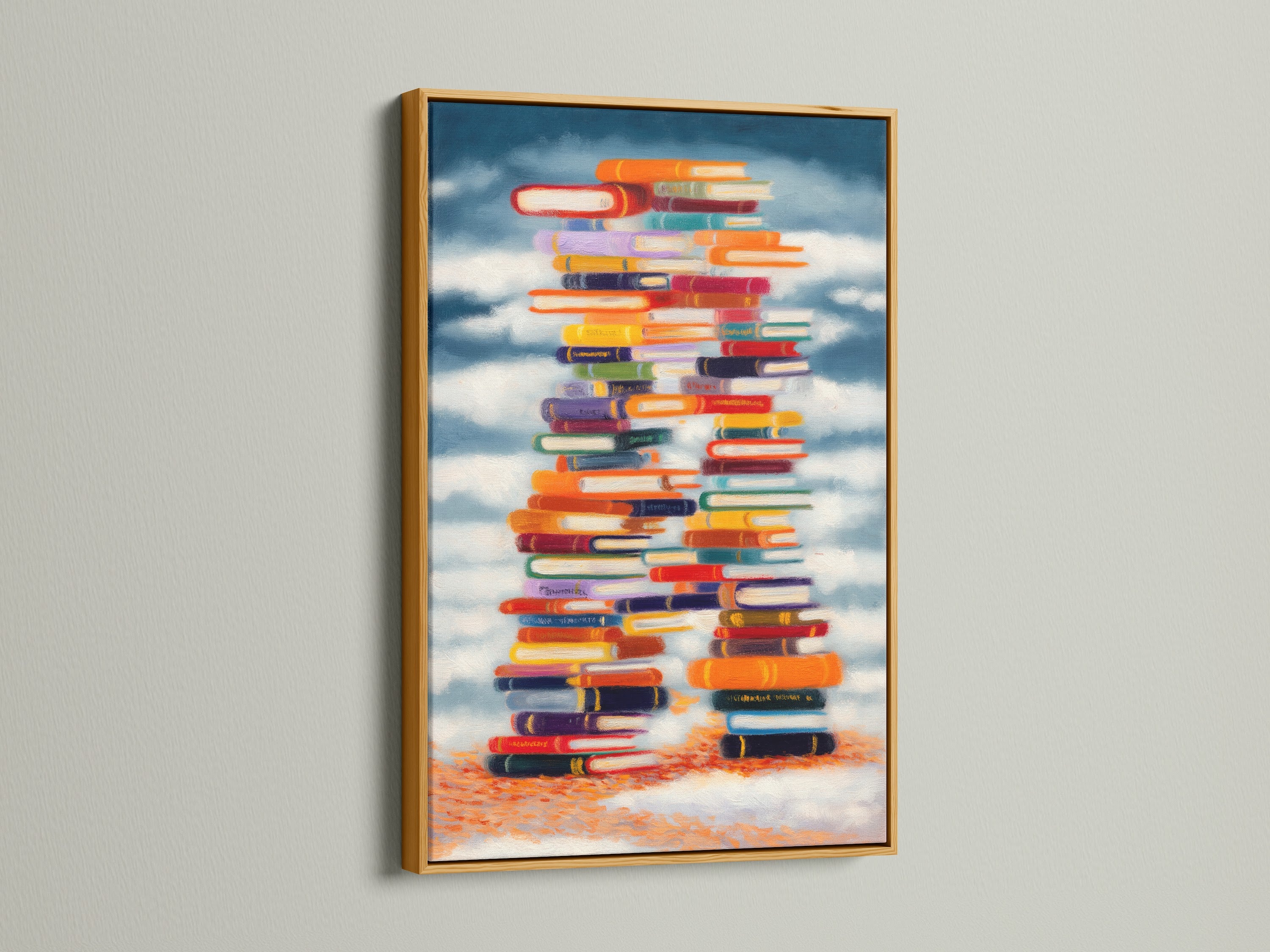 Stacked Books Canvas Print presented in a gold frame. Elevate your study room or library wall art with this colorful artwork. The gold frame adds a touch of elegance.