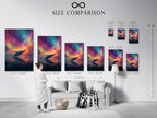 Size comparison chart displayed in an interior setting. The chart helps visualize different artwork sizes. It allows customers to choose the perfect fit. Ideal for planning your art arrangement. Make informed decisions with this helpful guide.