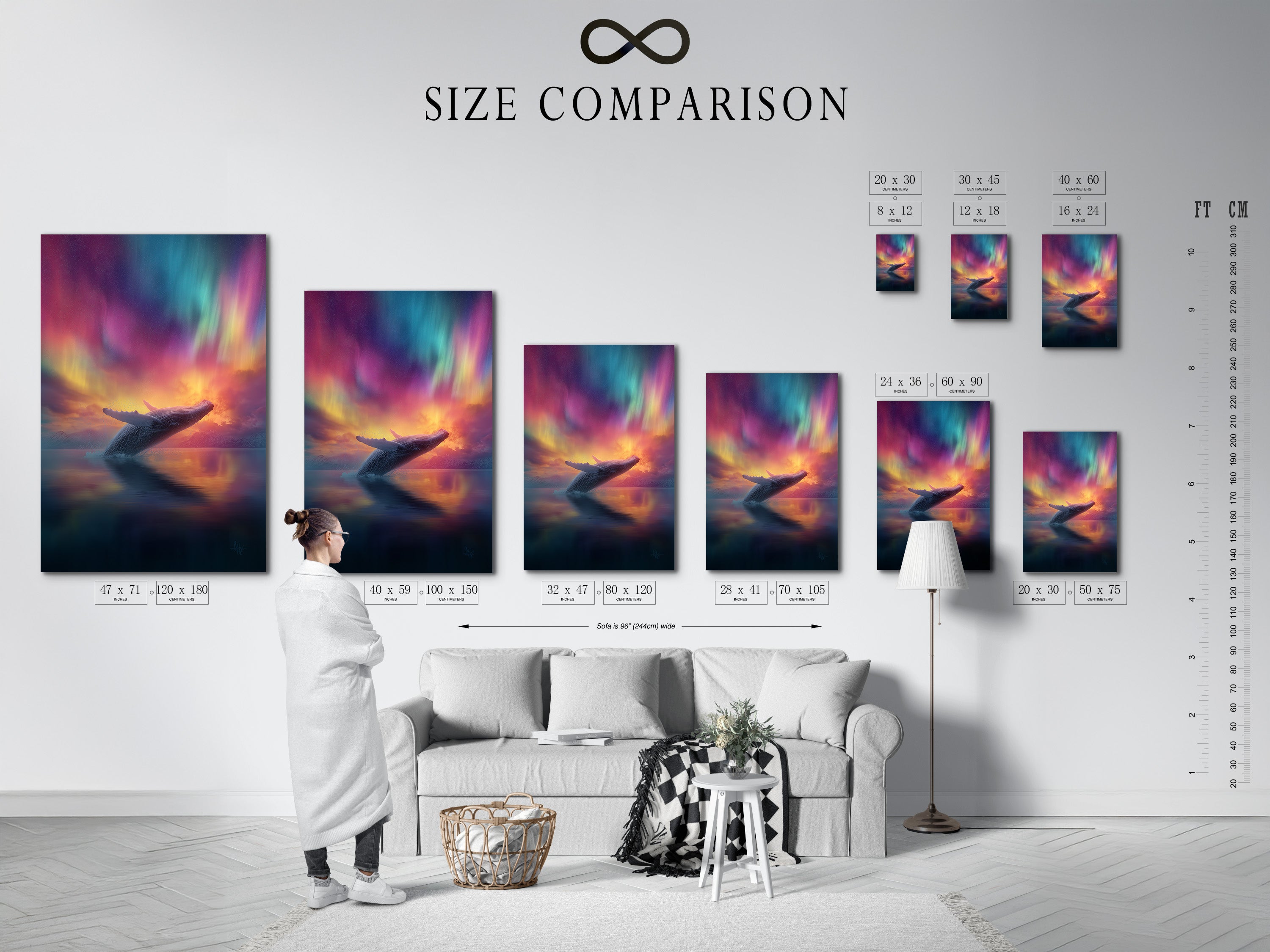 Size comparison chart displayed in an interior setting. The chart helps visualize different artwork sizes. It allows customers to choose the perfect fit. Ideal for planning your art arrangement. Make informed decisions with this helpful guide.