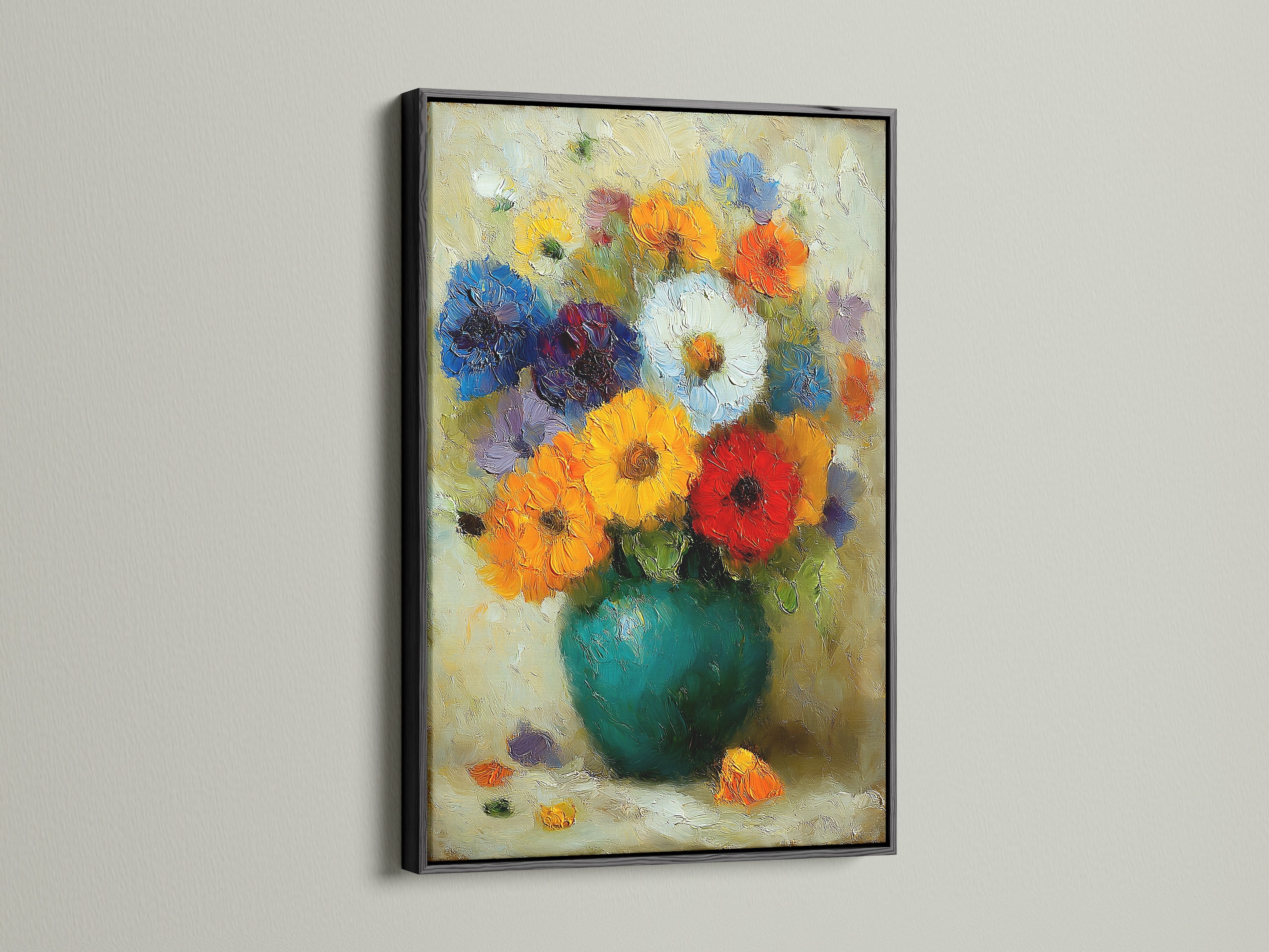 Colorful Botanical Wall Art in a Black Frame. This vibrant flower canvas print is ideal for adding a touch of art to your space. This Impressionist floral painting is a great choice.