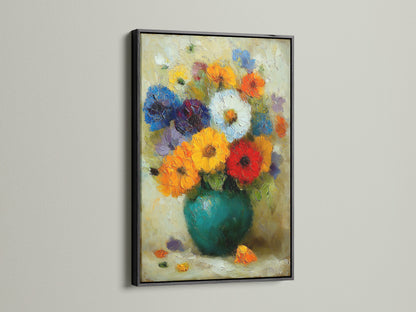 Colorful Botanical Wall Art in a Black Frame. This vibrant flower canvas print is ideal for adding a touch of art to your space. This Impressionist floral painting is a great choice.