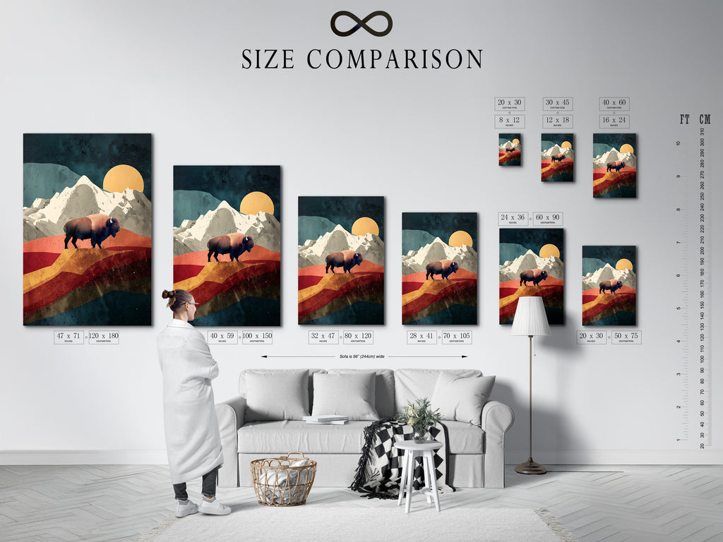 A size comparison chart is displayed in a stylish interior. This chart helps you visualize the different artwork sizes. Helping you to choose the perfect fit for your space. See how different sizes can transform a room. Find the ideal art size with our easy-to-use chart.