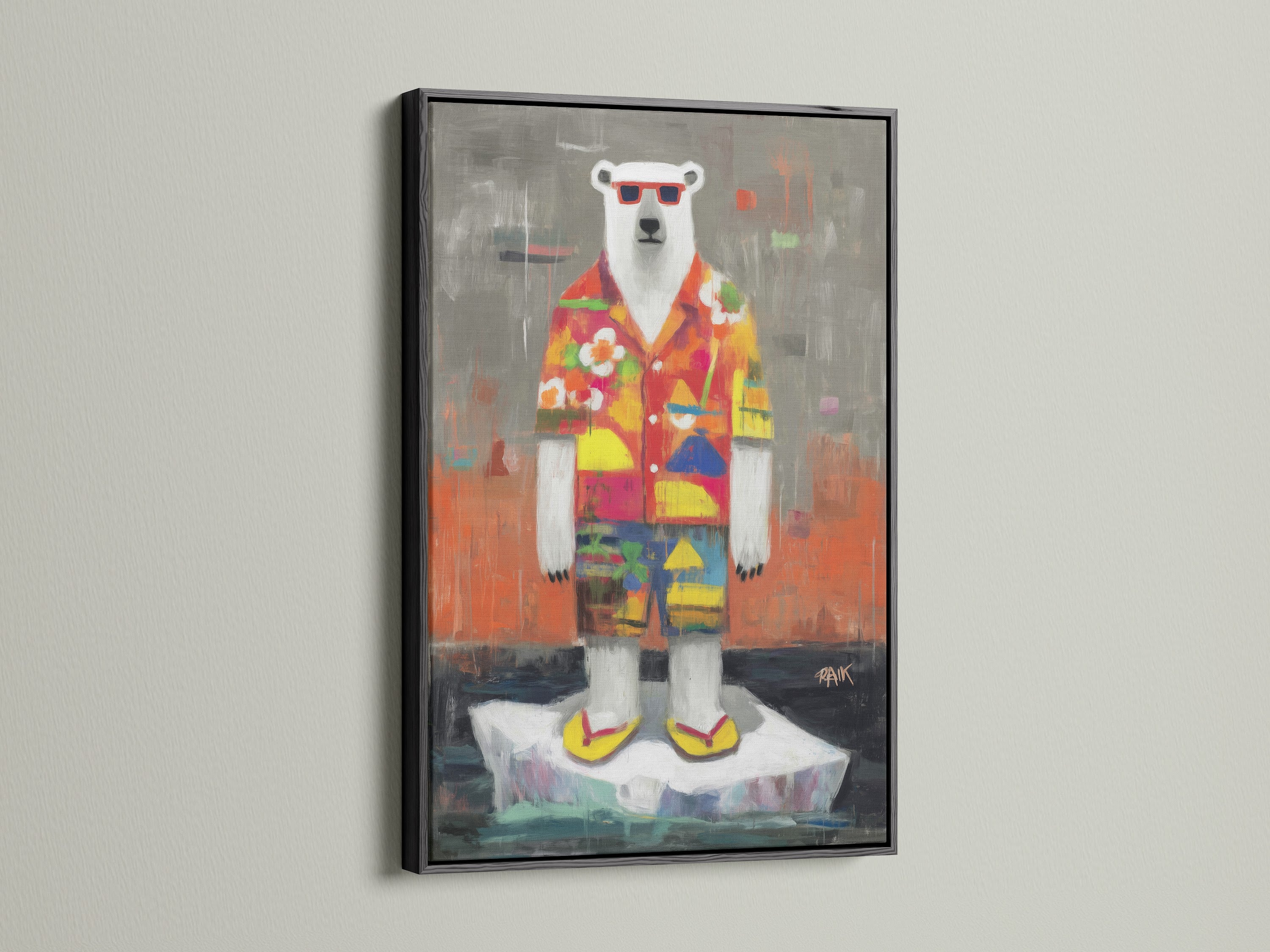 The black frame makes this cool polar bear artwork pop. The artwork features a quirky animal in a tropical shirt. This is great for adding a modern touch to your living room wall art. The artwork is perfect for any space.