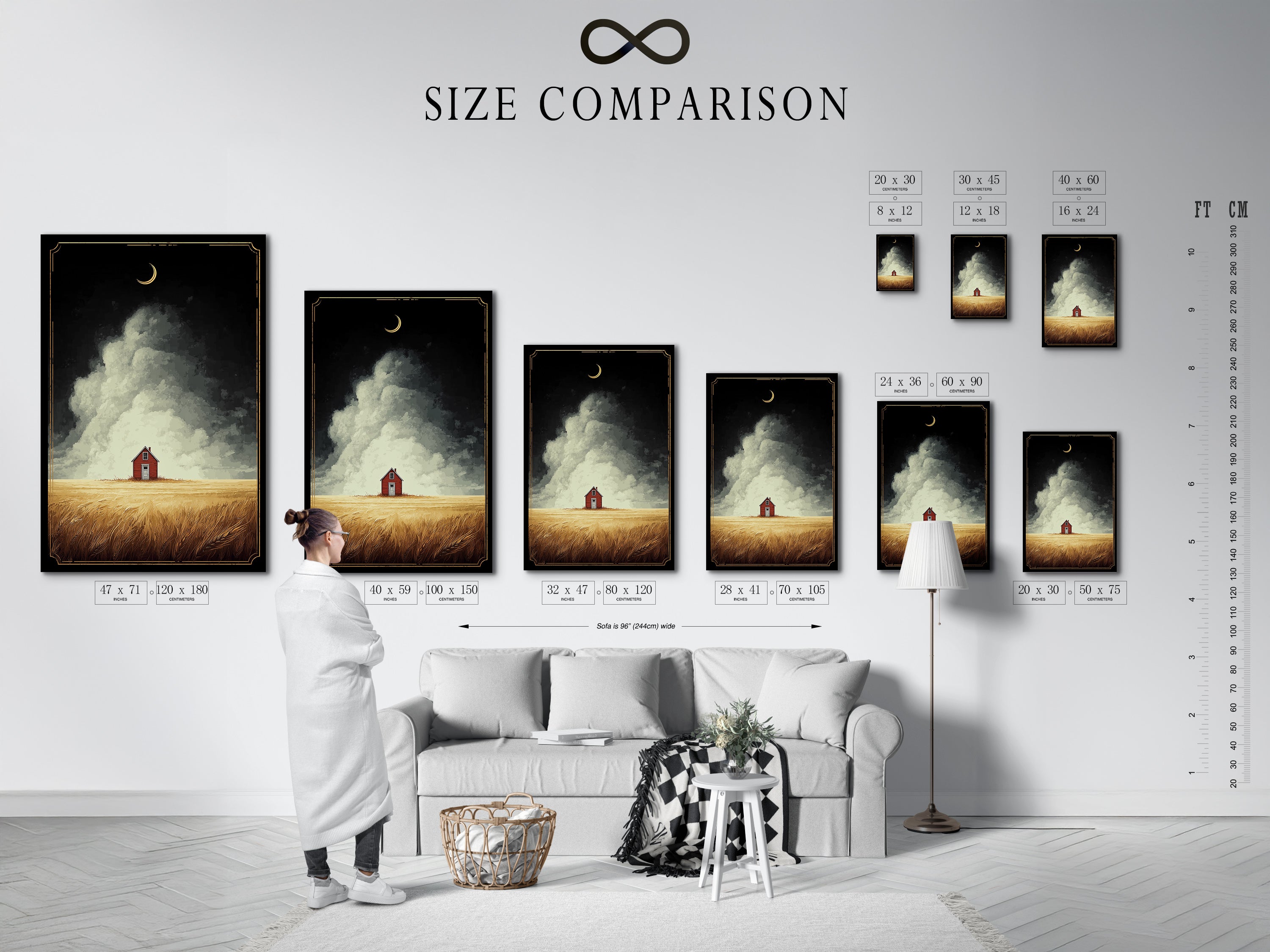 Size comparison chart in an interior setting. The chart showcases various sizes of farmhouse art. The art has a red barn in a golden field landscape. Visualize how different sizes will look in your space. Find the perfect fit for your wall decor needs. Transform your home with this stunning country art print.
