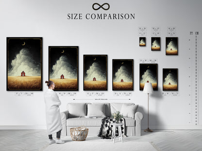 Size comparison chart in an interior setting. The chart showcases various sizes of farmhouse art. The art has a red barn in a golden field landscape. Visualize how different sizes will look in your space. Find the perfect fit for your wall decor needs. Transform your home with this stunning country art print.